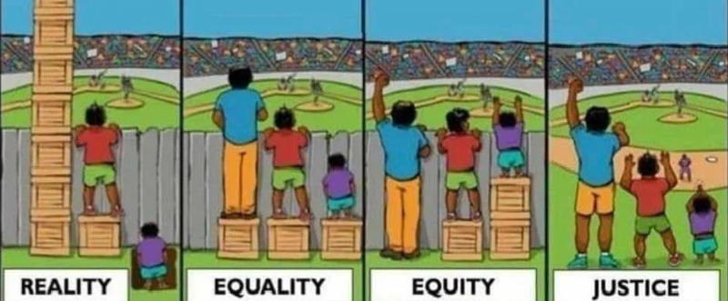 Illustration comparing equality, equity and justice through different levels of support helping people see over a fence.
