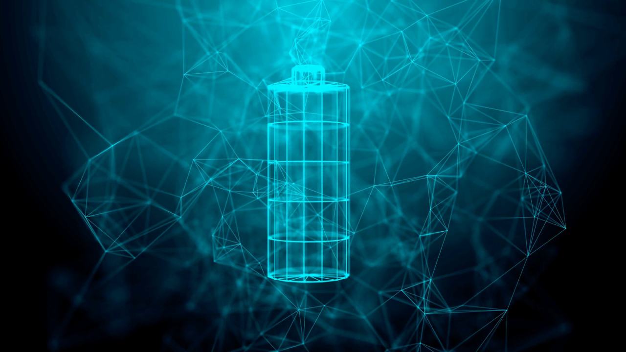 Digital battery illustration over a connected network background.