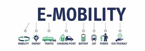 Graphic defining eMobility through mobility, energy, traffic, charging points, batteries, light rail, power and eco-friendly transport.