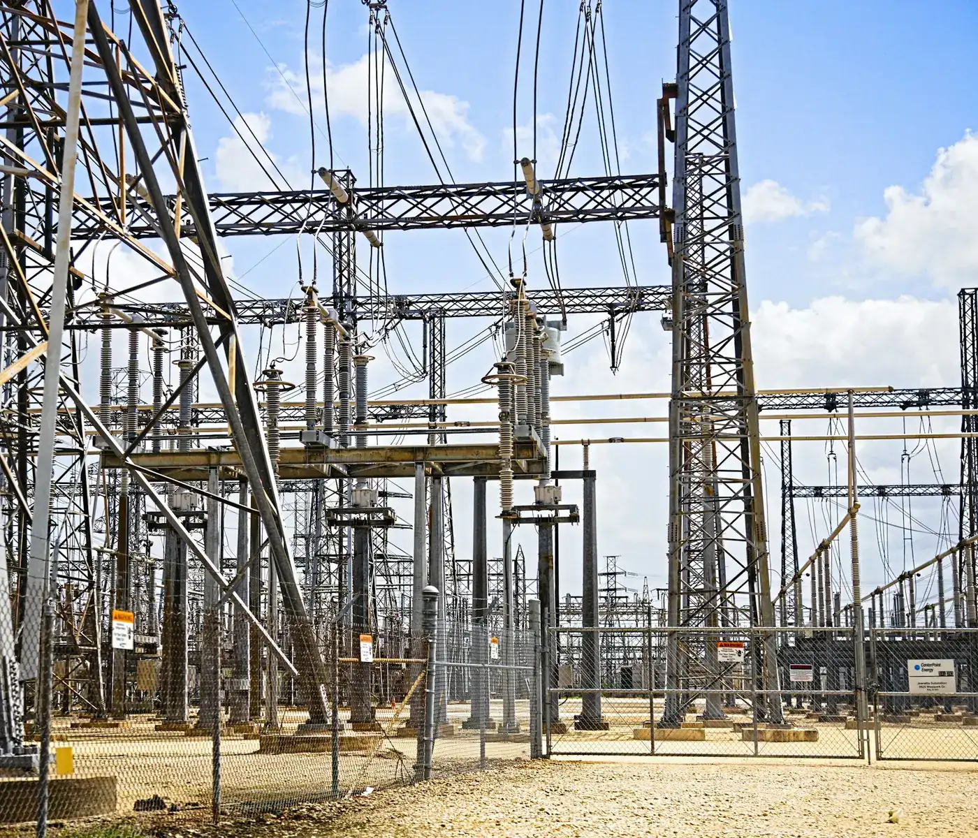 A high voltage substation and transmission lines.