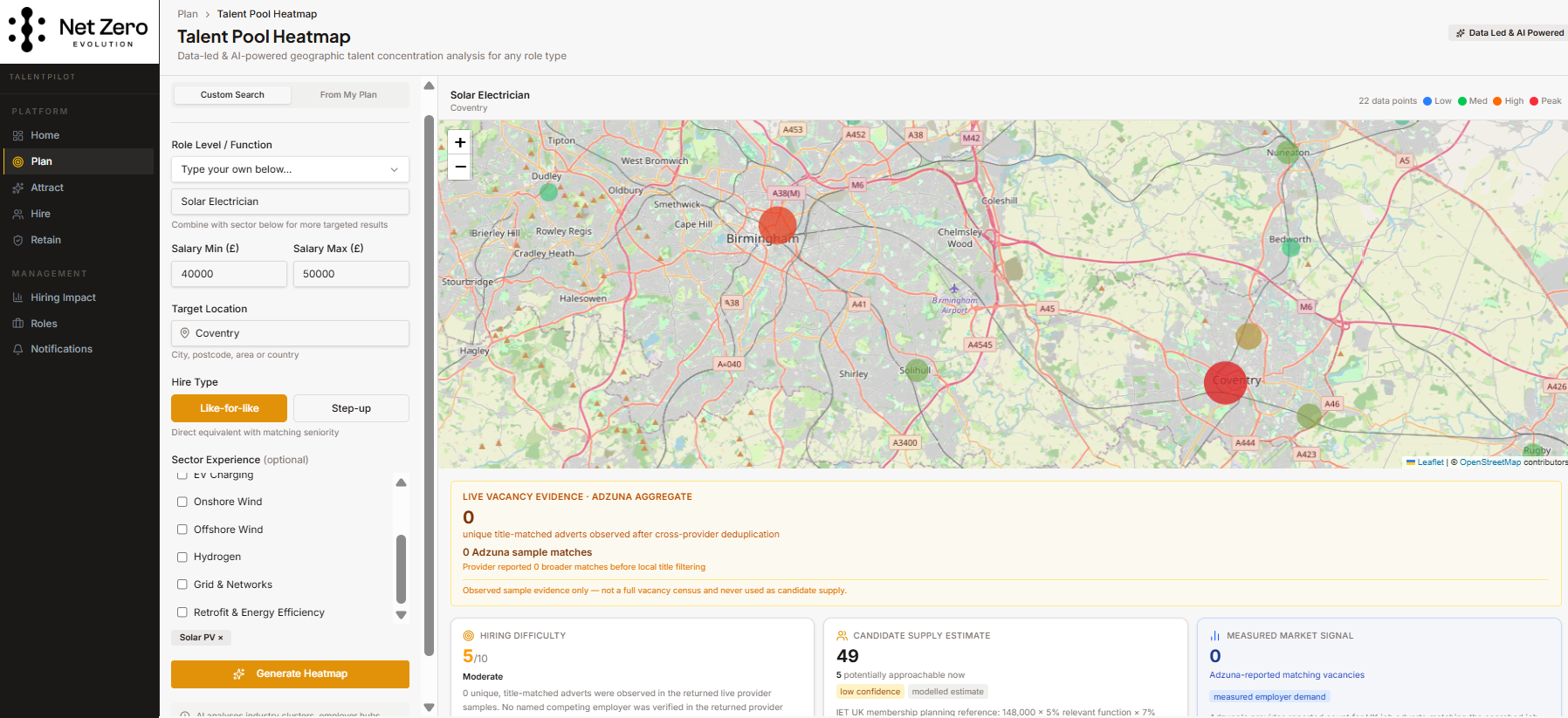 The Talent Pool Heatmap, showing talent concentration around Birmingham and Coventry for a solar electrician search.
